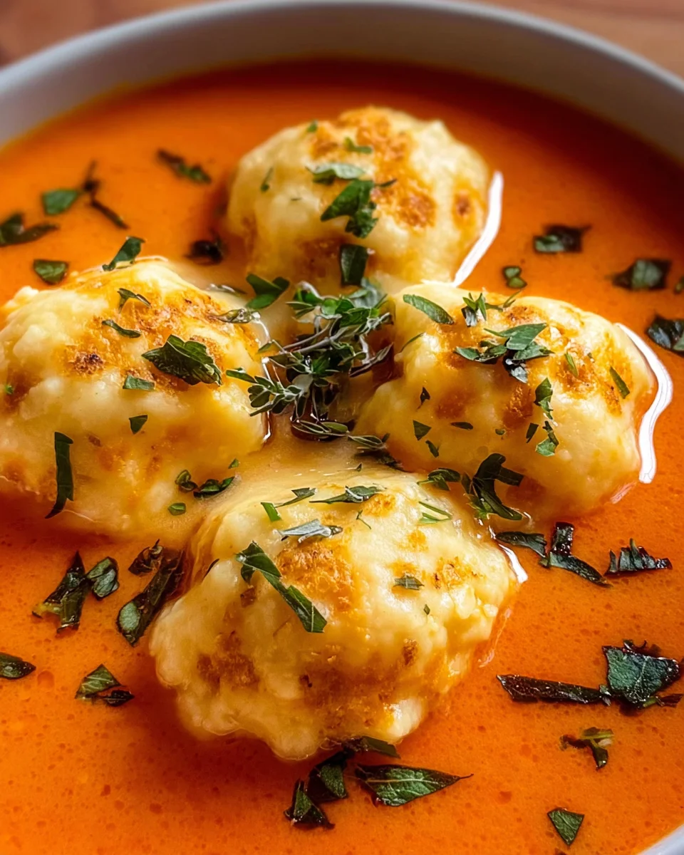 Savory Tomato Soup with Gooey Cheese Dumplings Recipe