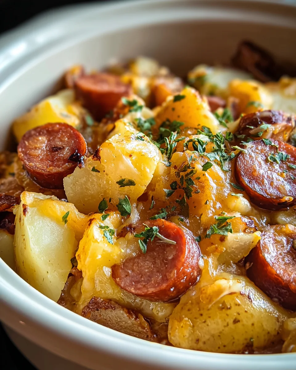 Easy Crockpot Cheesy Potatoes & Beef Kielbasa Recipe