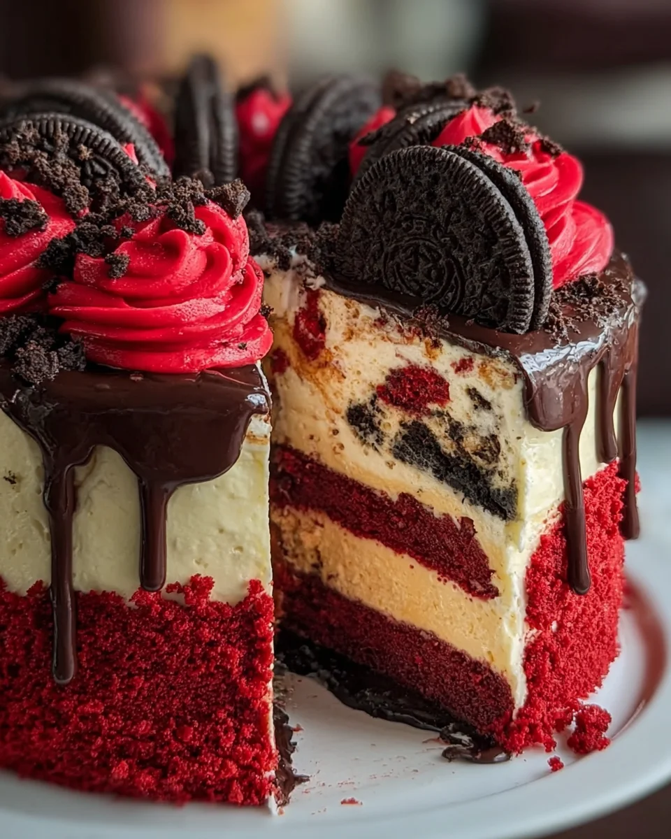 Decadent Oreo Red Velvet Cheesecake Drip Cake Recipe