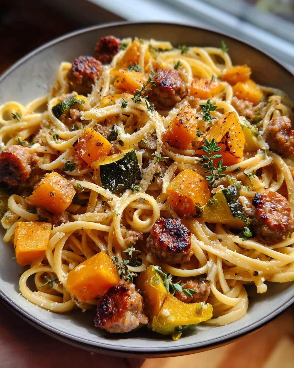 Hearty Autumn Beef Sausage Pasta with Roasted Squash