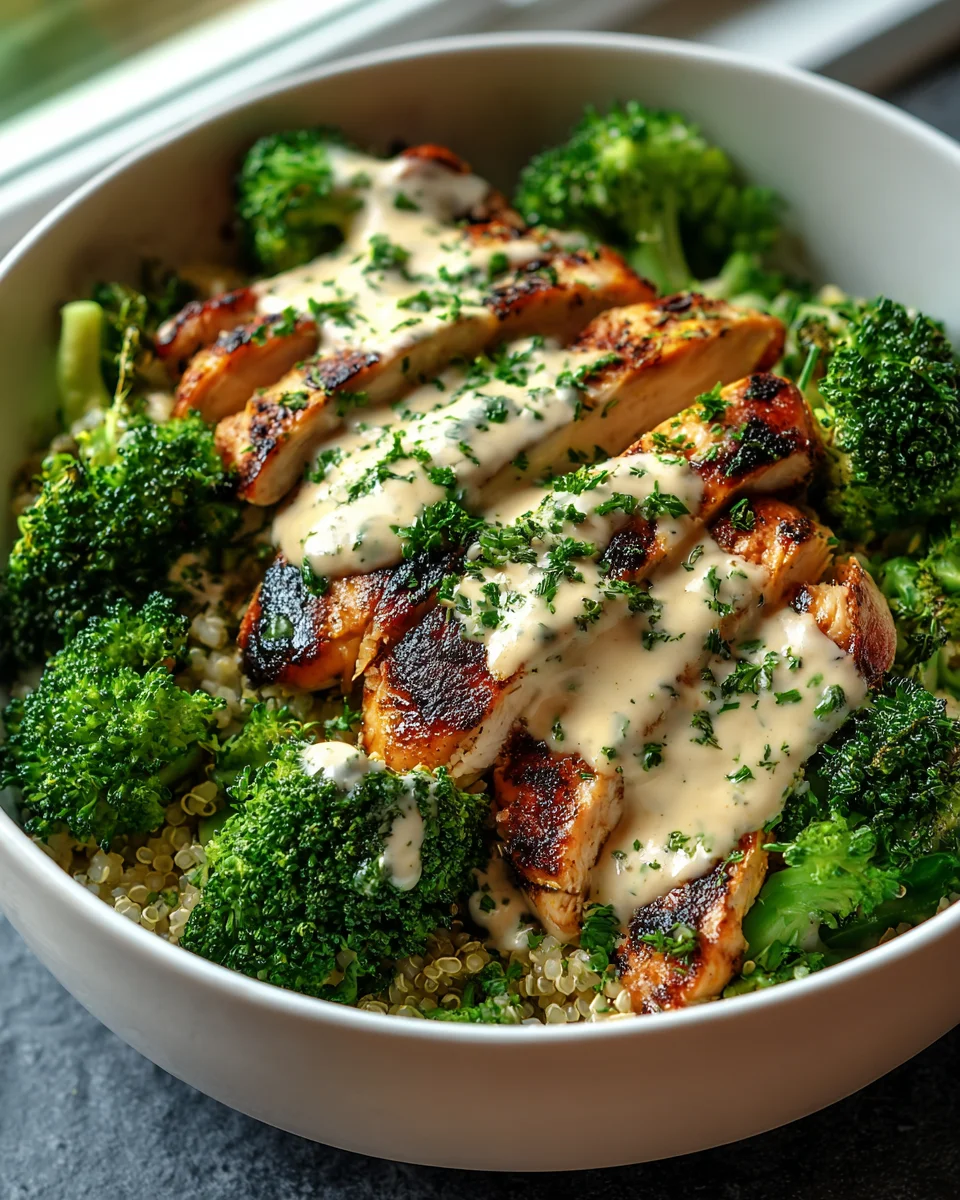 Grilled Chicken Broccoli Bowls with Creamy Garlic Delight