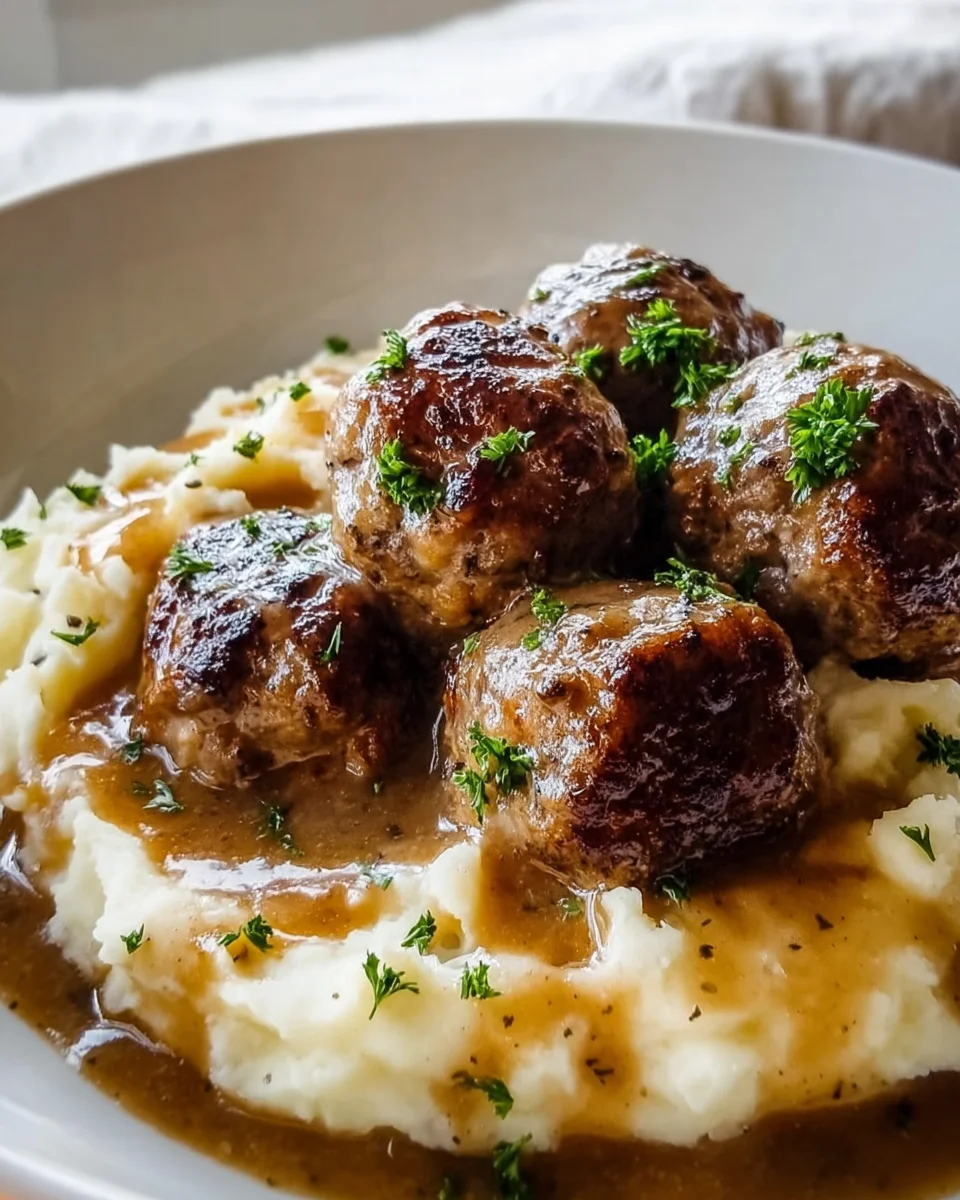 Savory Salisbury Steak Meatballs & Garlic Herb Mash