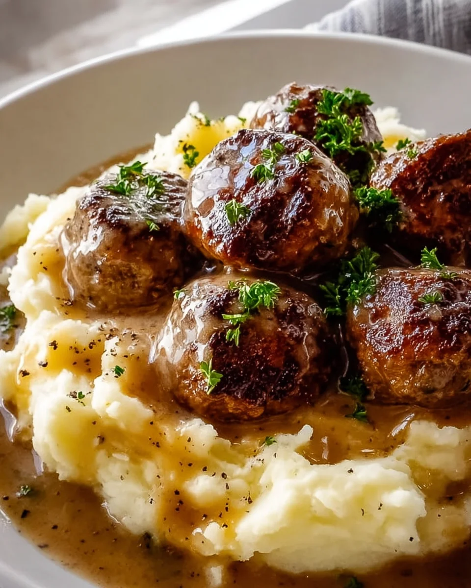 Savory Salisbury Steak Meatballs & Garlic Herb Mash