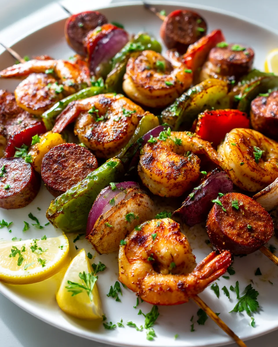 Spicy Cajun Shrimp & Beef Sausage Foil Pack Skewers