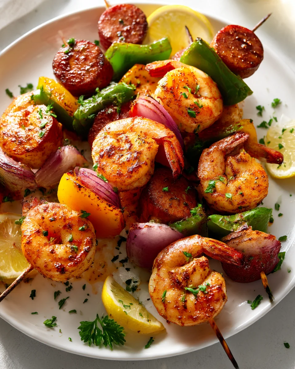 Spicy Cajun Shrimp & Beef Sausage Foil Pack Skewers