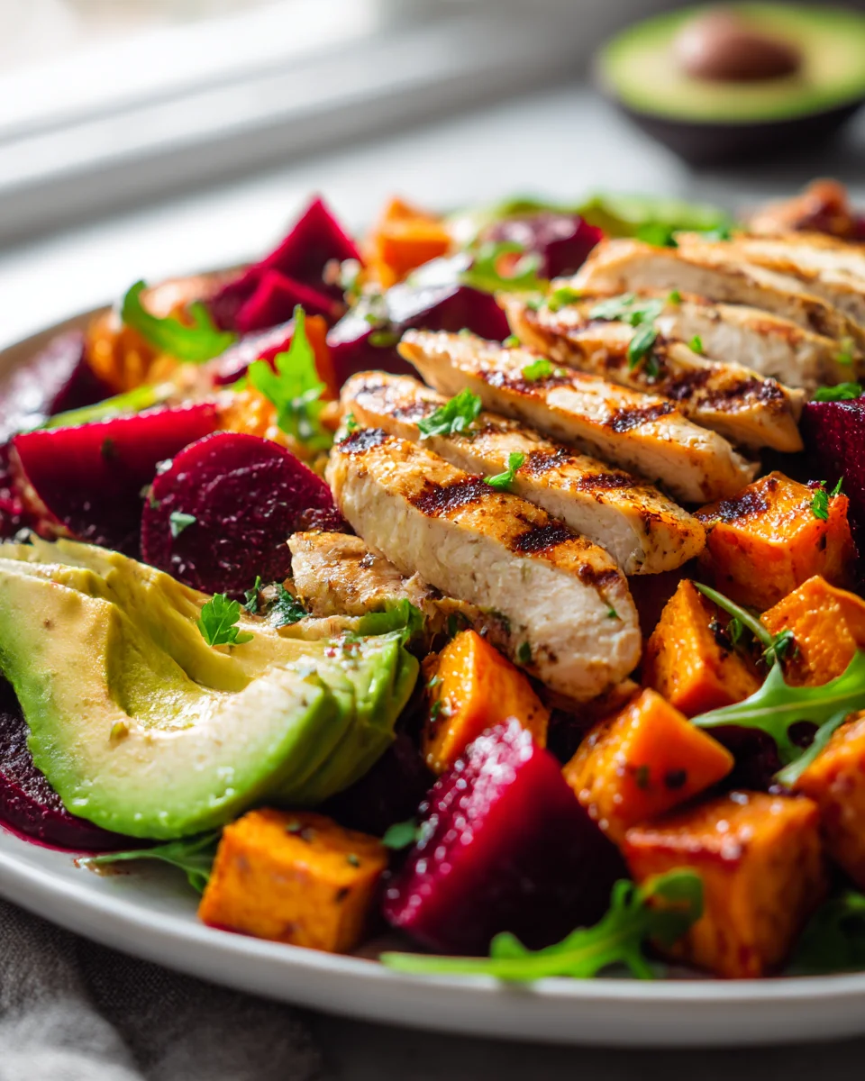 Roasted Beet, Sweet Potato & Avocado Chicken Salad