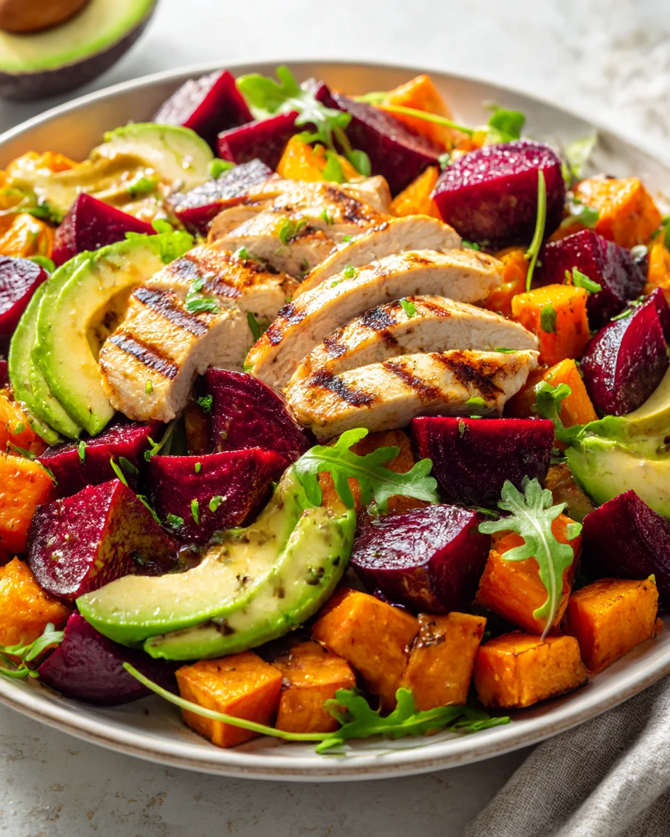 Roasted Beet, Sweet Potato & Avocado Chicken Salad
