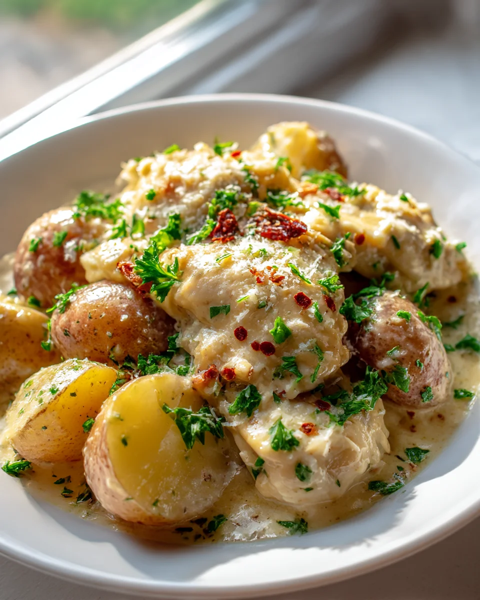 Incredible Garlic Parmesan Crockpot Chicken & Potatoes