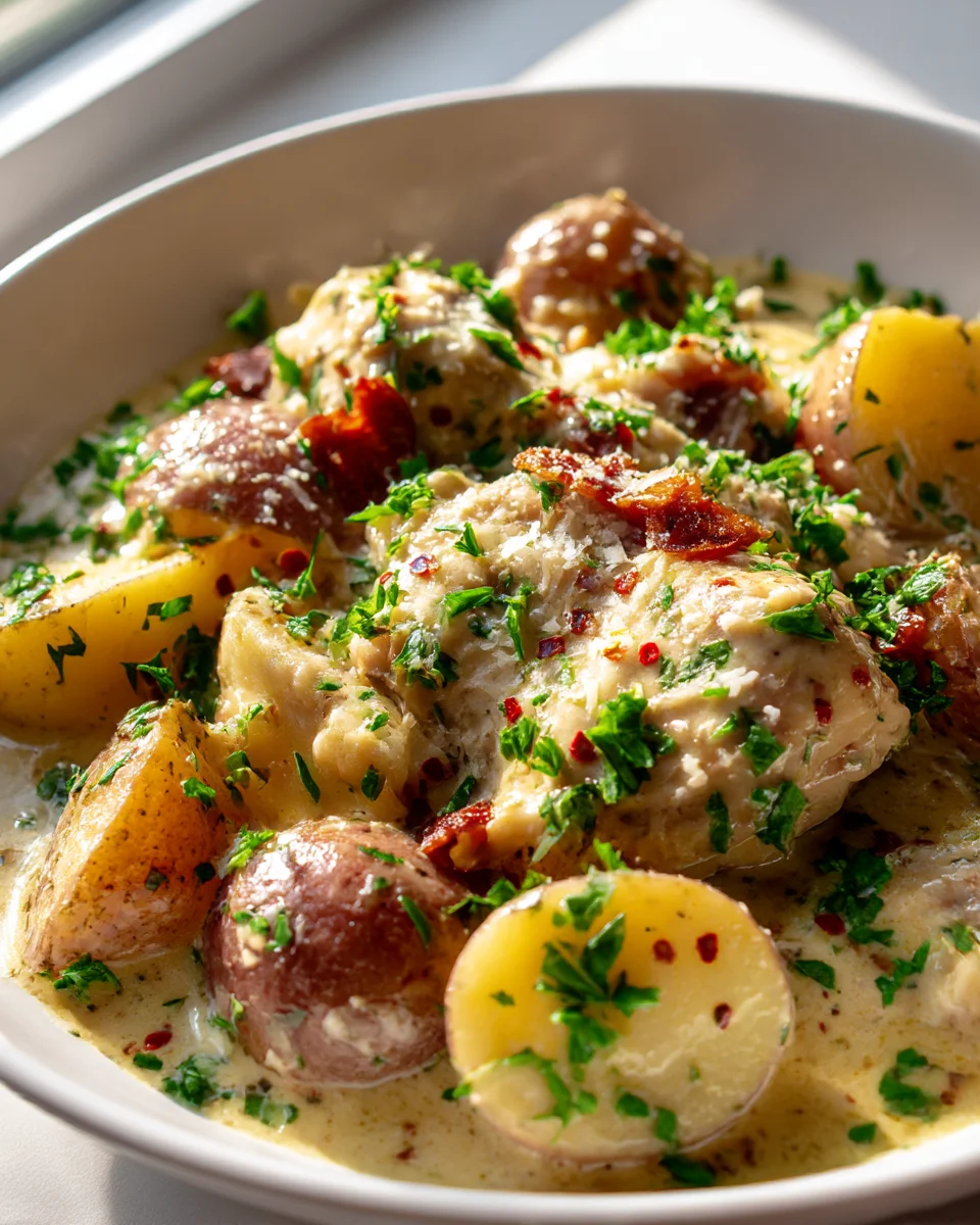 Incredible Garlic Parmesan Crockpot Chicken & Potatoes