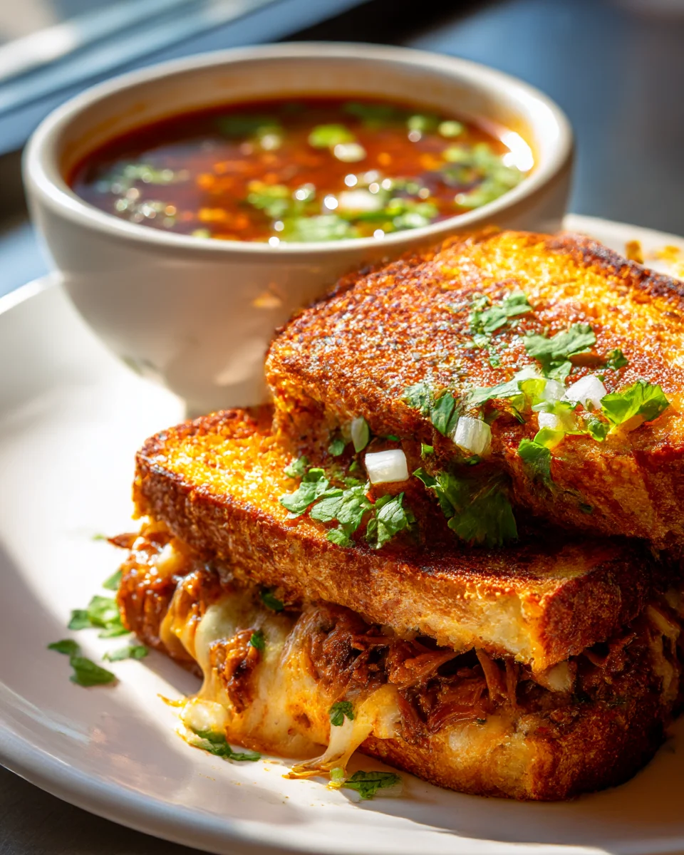 Ultimate Crispy Beef Birria Grilled Cheese & Dipping Broth