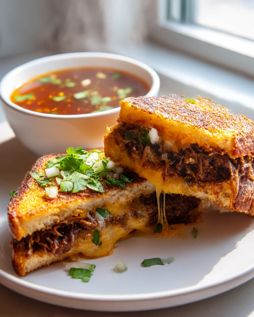 Ultimate Crispy Beef Birria Grilled Cheese & Dipping Broth