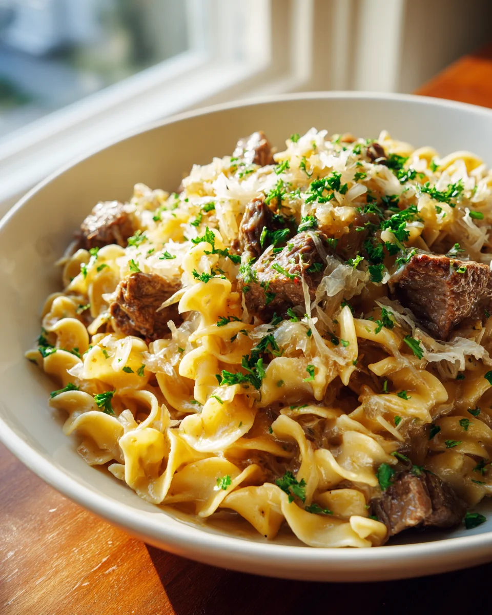 One Pot Beef and Sauerkraut Buttered Noodles Recipe Delight