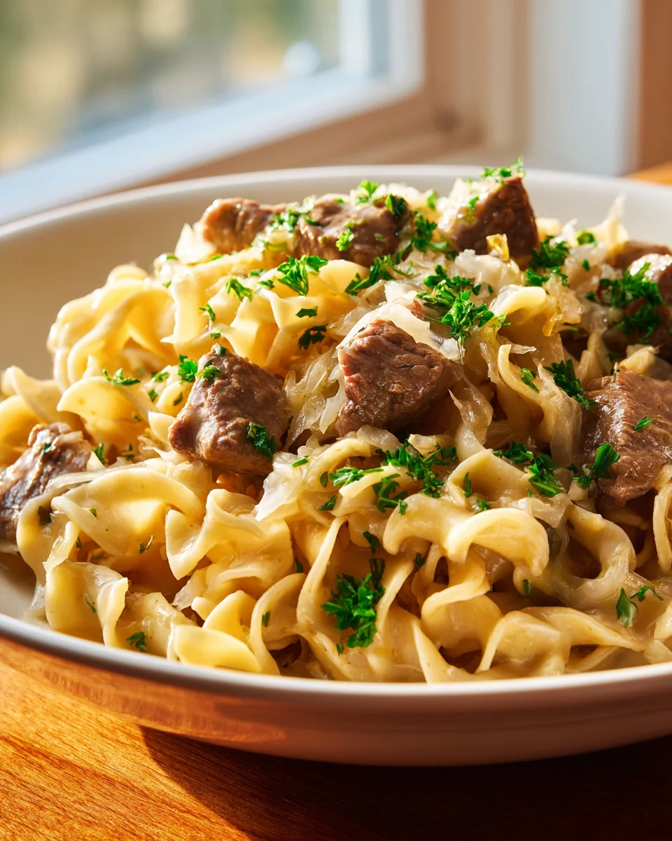 One Pot Beef and Sauerkraut Buttered Noodles Recipe Delight