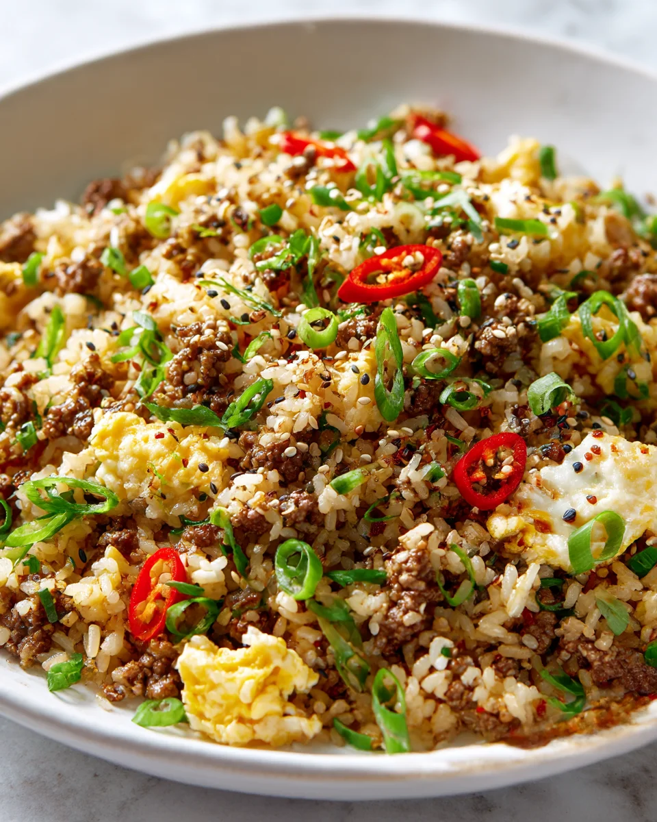 Mongolian Ground Beef Fried Rice with Eggs & Scallions Recipe