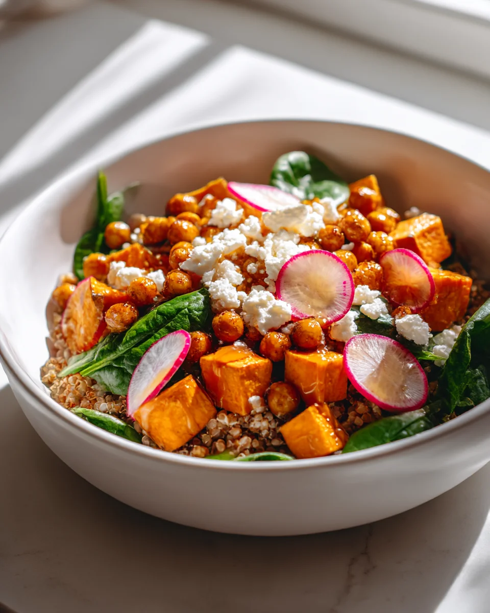 Honey Feta Sweet Potato Grain Bowl with Roasted Chickpeas