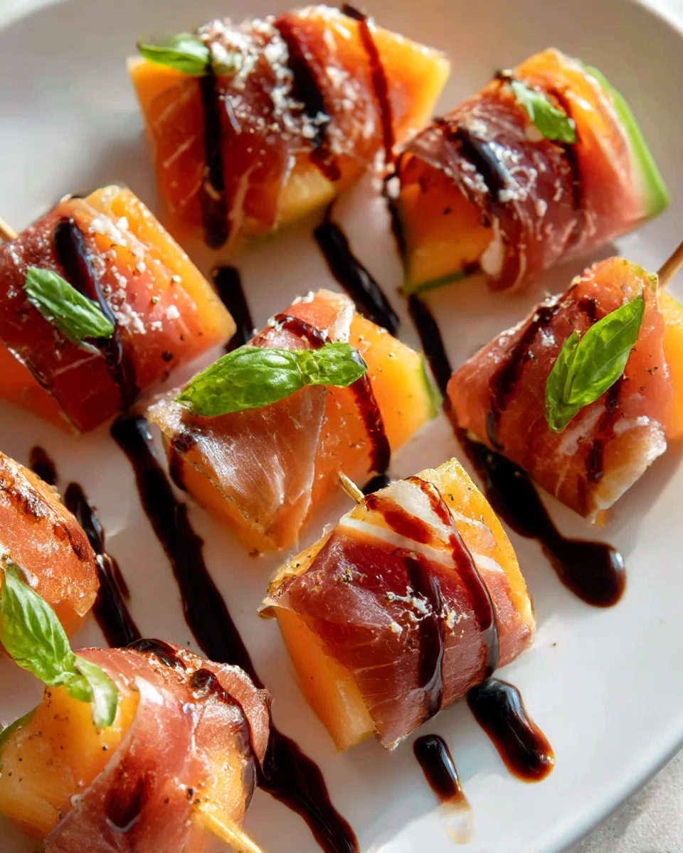 Beef Prosciutto Melon Bites with Balsamic Glaze