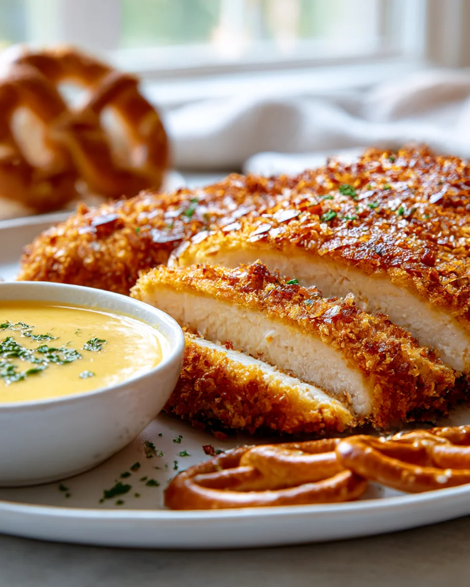Baked Pretzel Crusted Chicken with Cheddar Dipping Sauce Recipe