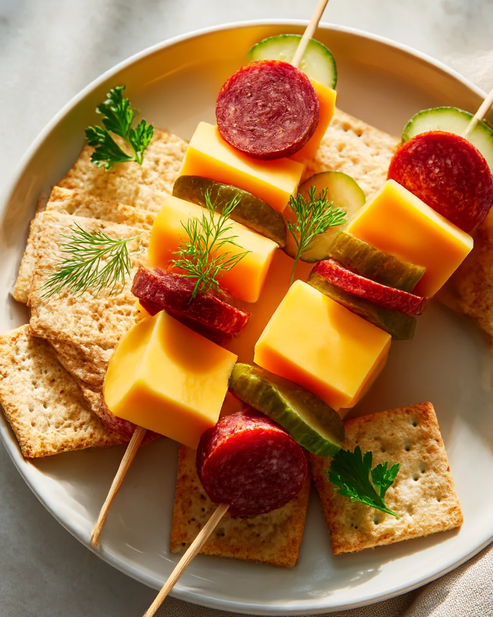 Cheddar Beef Salami Skewers with Pickles and Crackers
