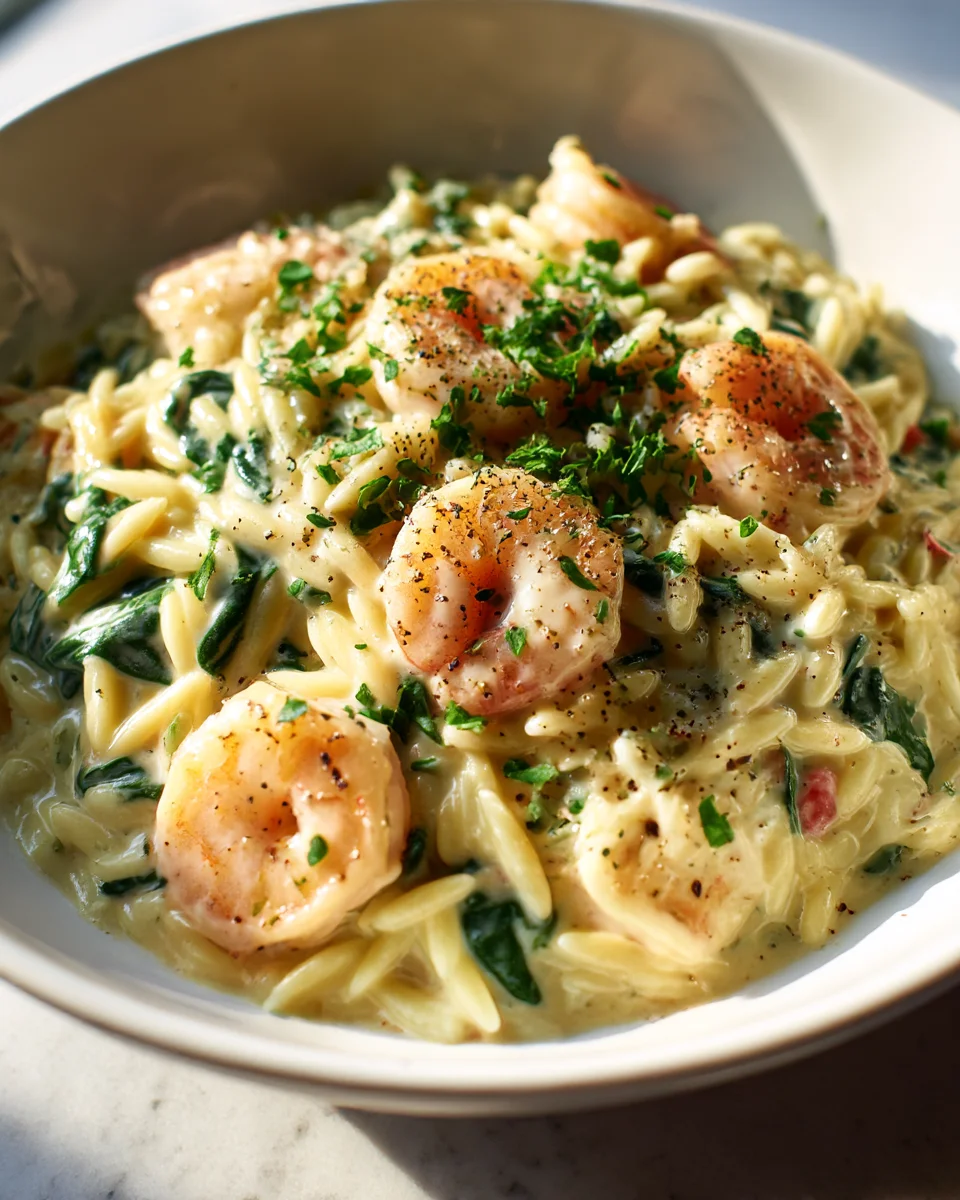 One Pot Creamy Garlic Shrimp and Spinach Orzo Recipe