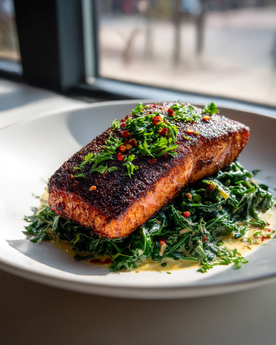 Delicious Blackened Salmon with Creamy Cajun Spinach Recipe
