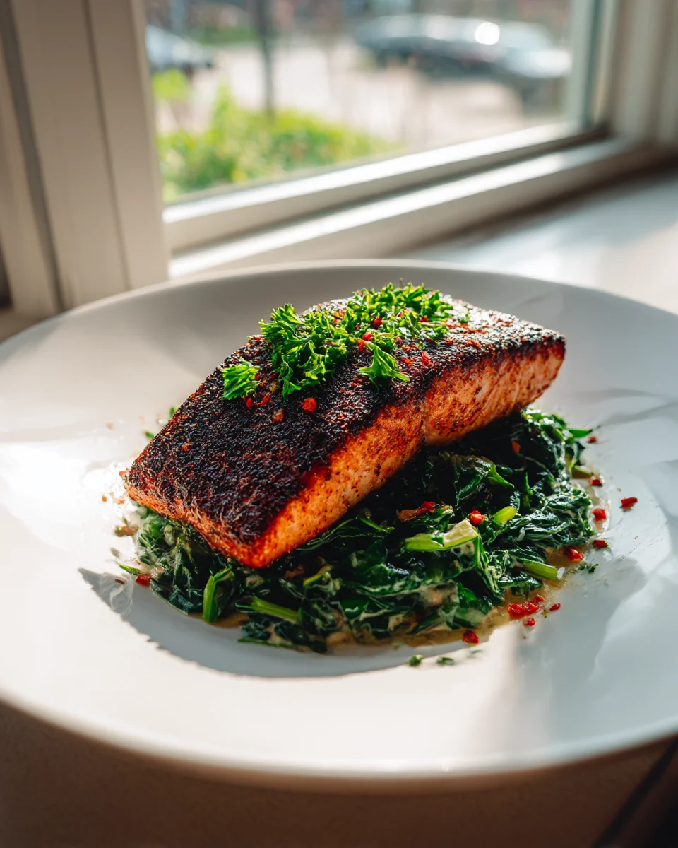 Delicious Blackened Salmon with Creamy Cajun Spinach Recipe