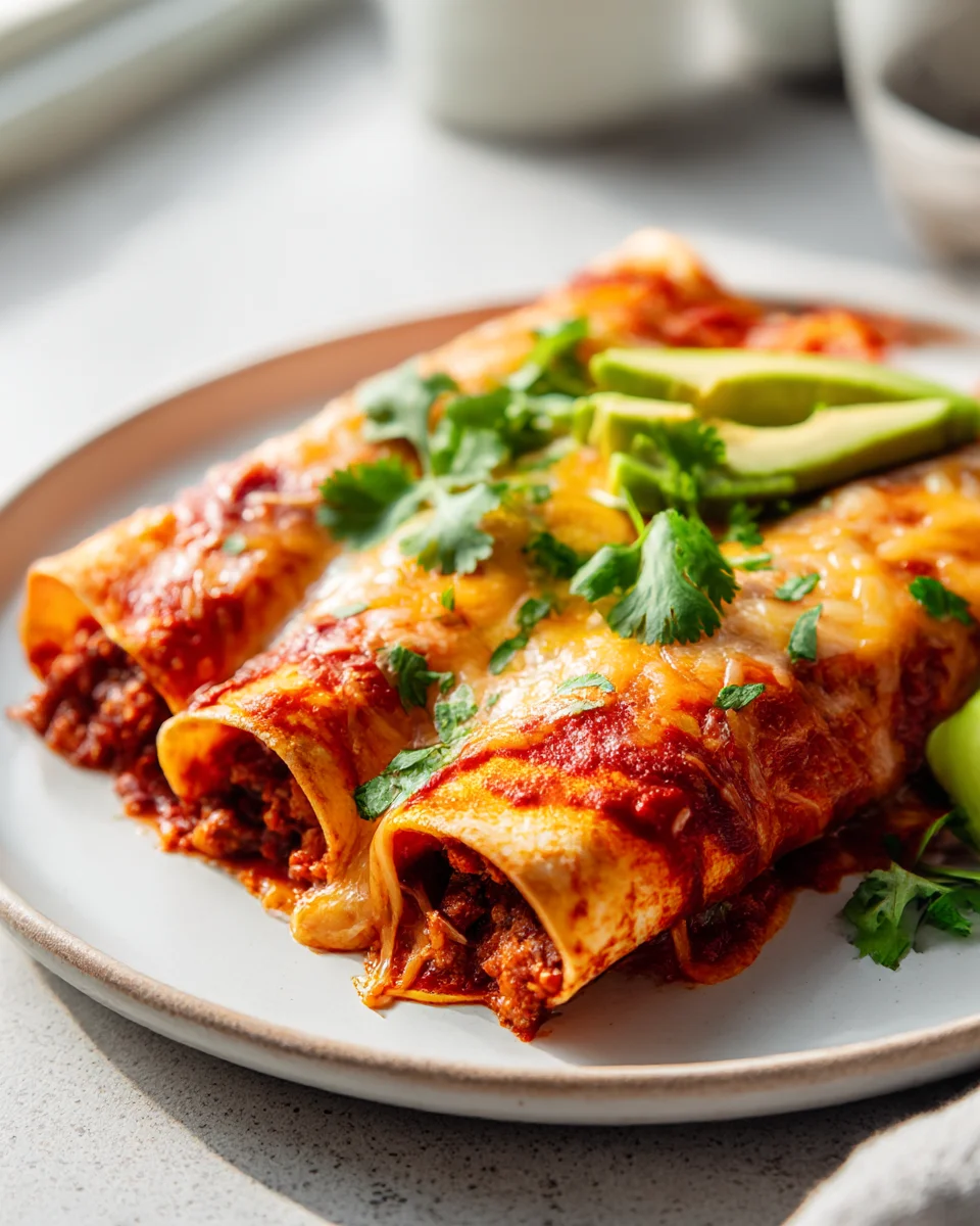 Cheesy Beef Enchiladas with Red Chile Sauce
