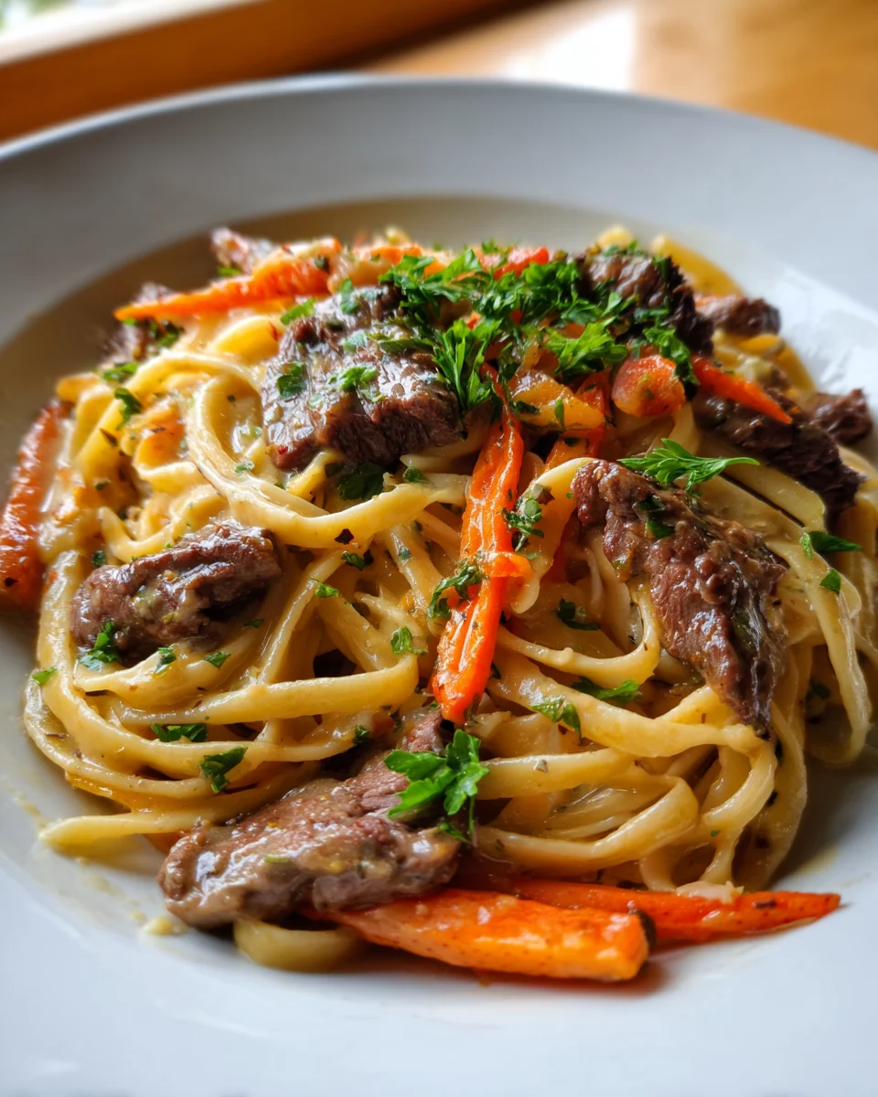 Cowboy Butter Steak Linguine with Roasted Carrots Delight