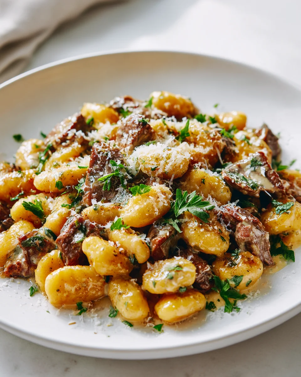 Garlic Butter Beef Gnocchi Skillet with Parmesan Cream