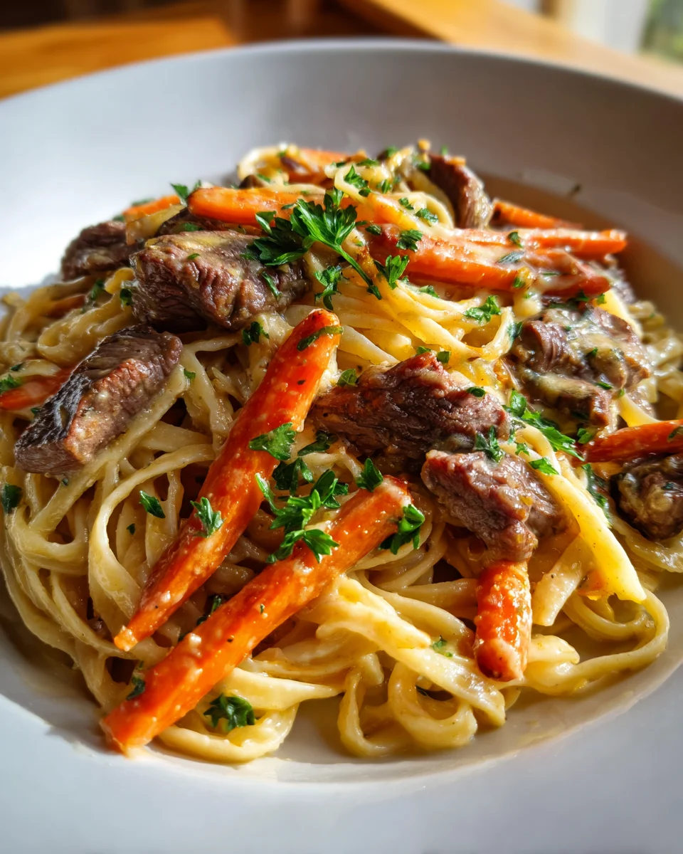 Cowboy Butter Steak Linguine with Roasted Carrots Delight