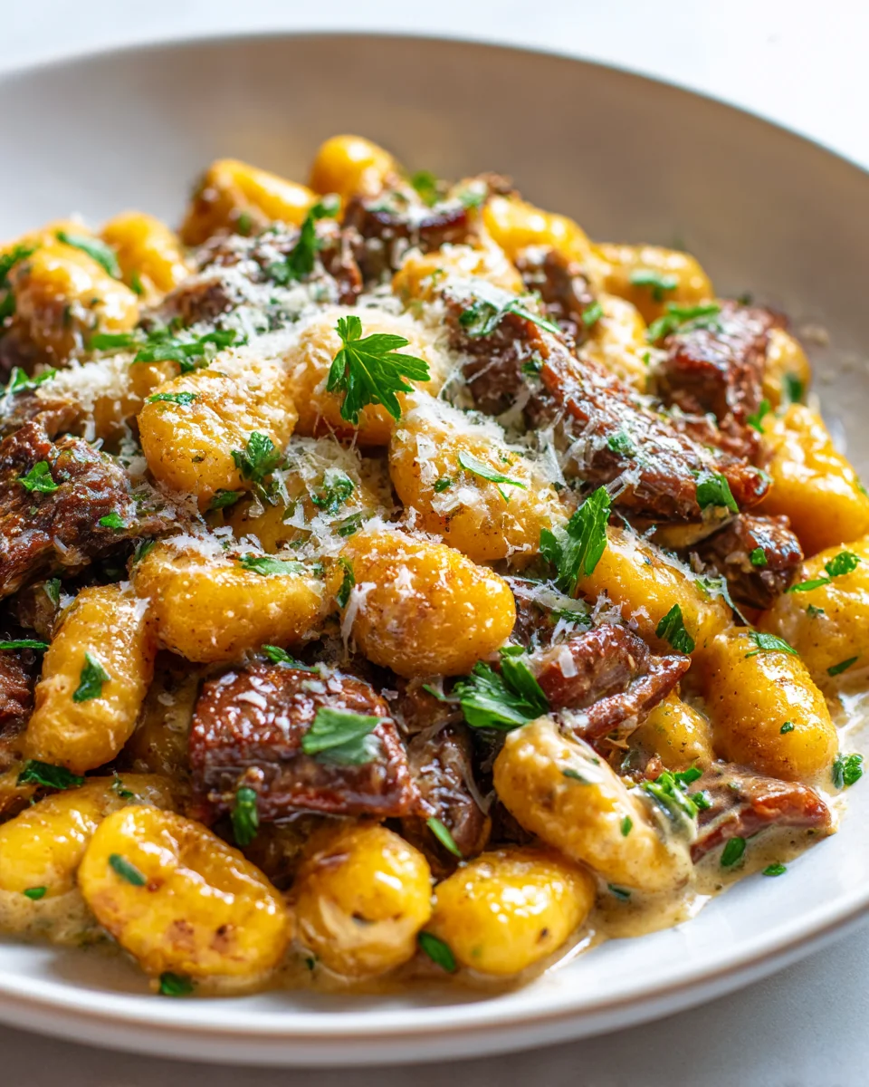Garlic Butter Beef Gnocchi Skillet with Parmesan Cream