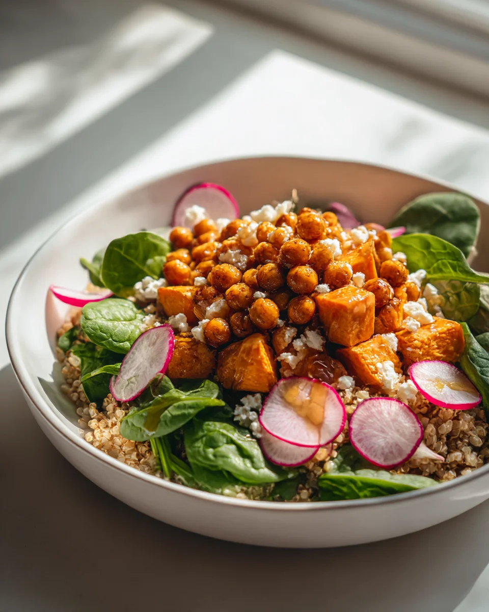 Honey Feta Sweet Potato Grain Bowl with Roasted Chickpeas