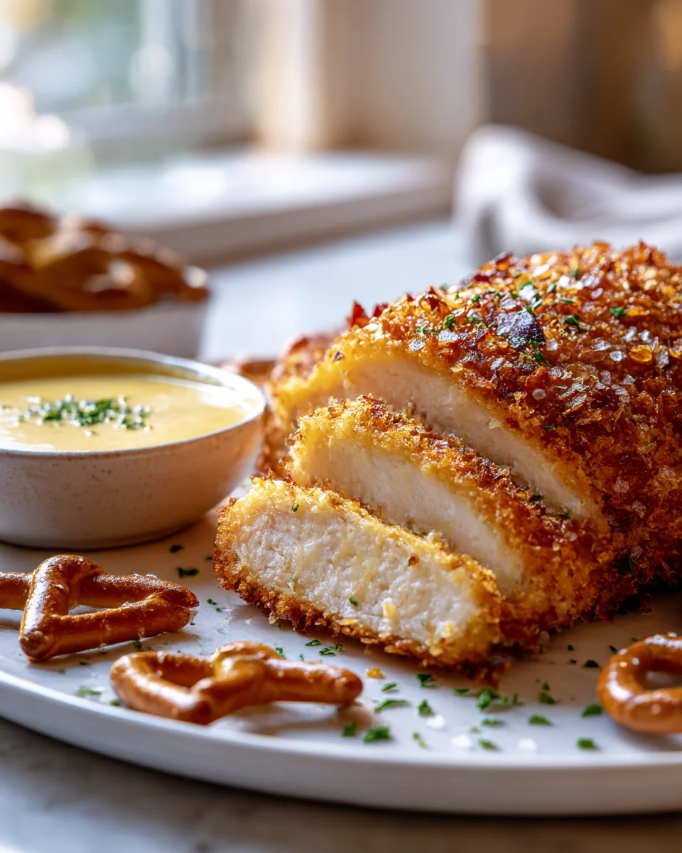 Baked Pretzel Crusted Chicken with Cheddar Dipping Sauce Recipe
