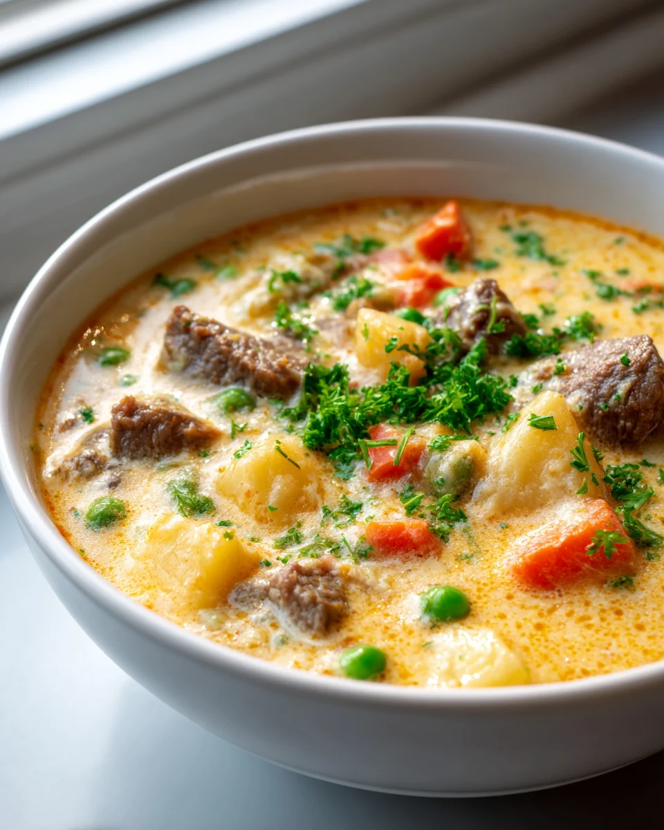 Hearty Cheesy Beef Soup Delight